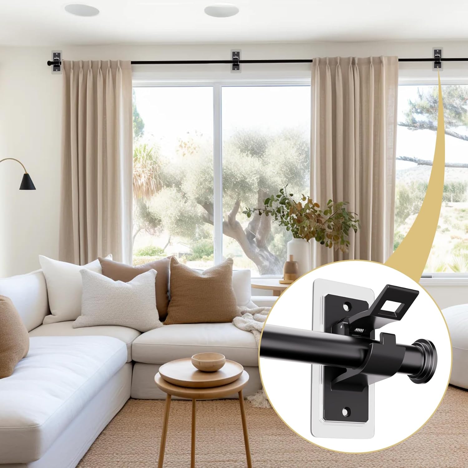 8PCS No Drill Curtain Rod Bracket, Self Adhesive Curtain Rod Holders, No Hole, Multipurpose Curtain Rod Hooks for Bathroom Living Room Kitchen and Bedroom (Black)